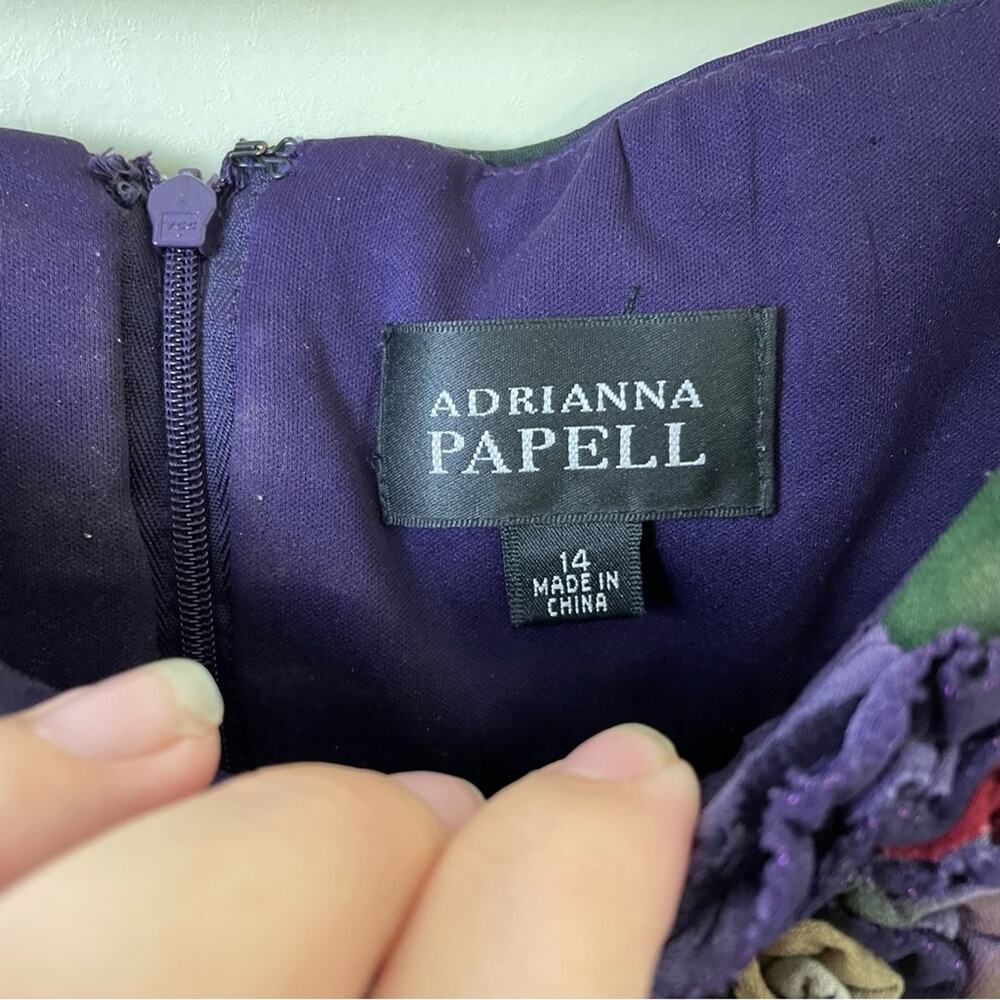 Adrianna Papell Shutter Pleated Sheath Dress with Flowers in Purple Floral SZ 14 - Picture 9 of 10